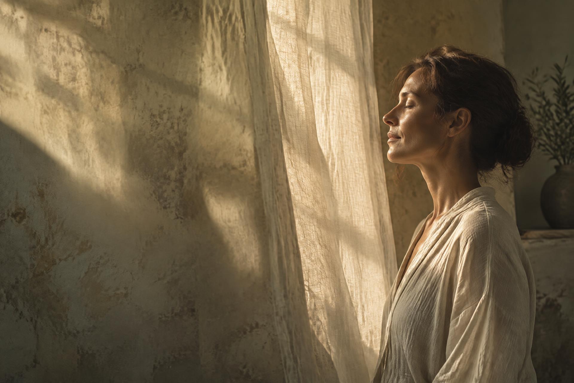Imagen conceptual de una mujer en un momento de atención junto a una cortina iluminada por el sol